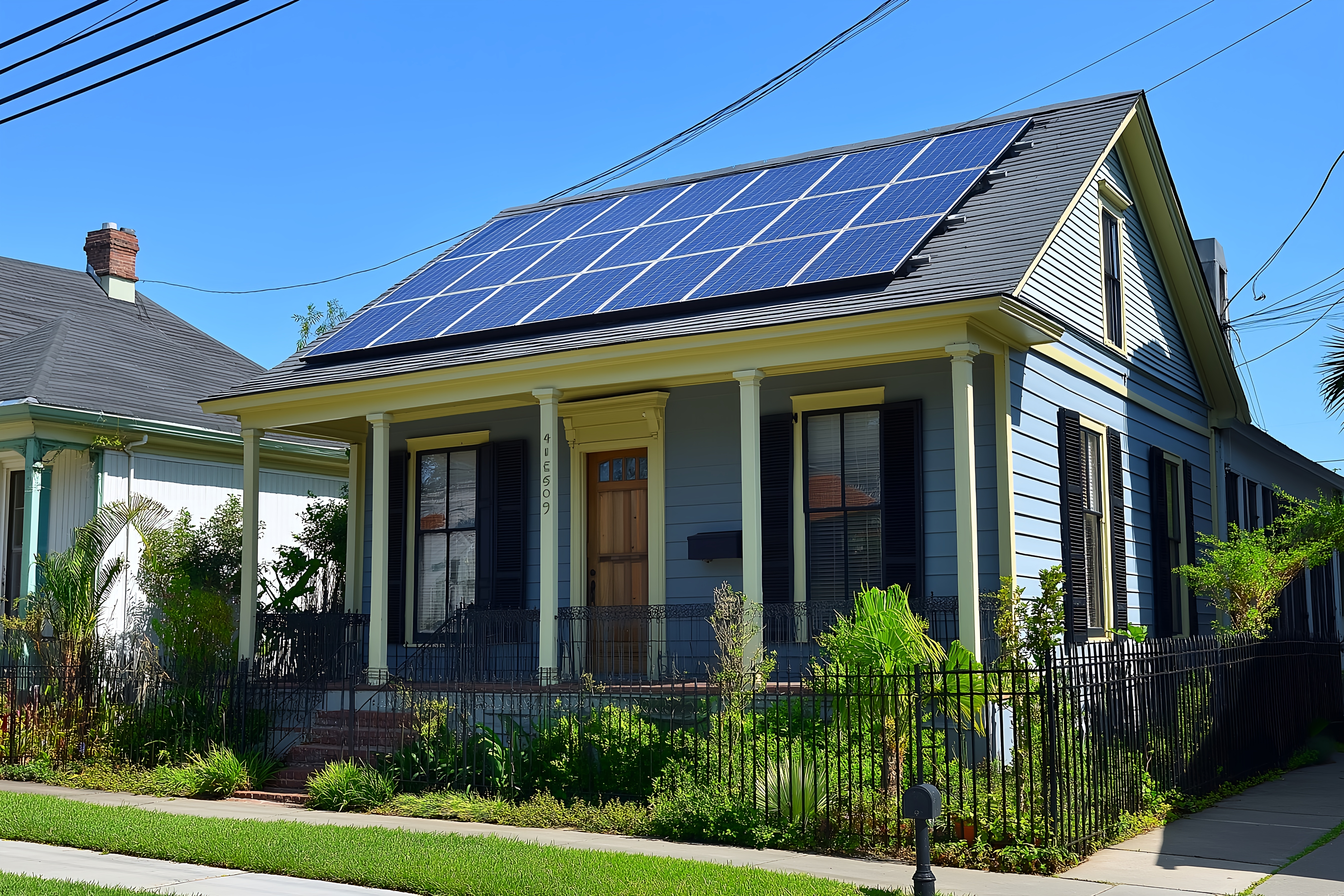 Modern Solar Panels Installed on a New Orleans Louisiana Home Under Clear Blue Sunny Sky, Solar Photography, Solar Powered Clean Energy, Sustainable Resources, Electricity Source