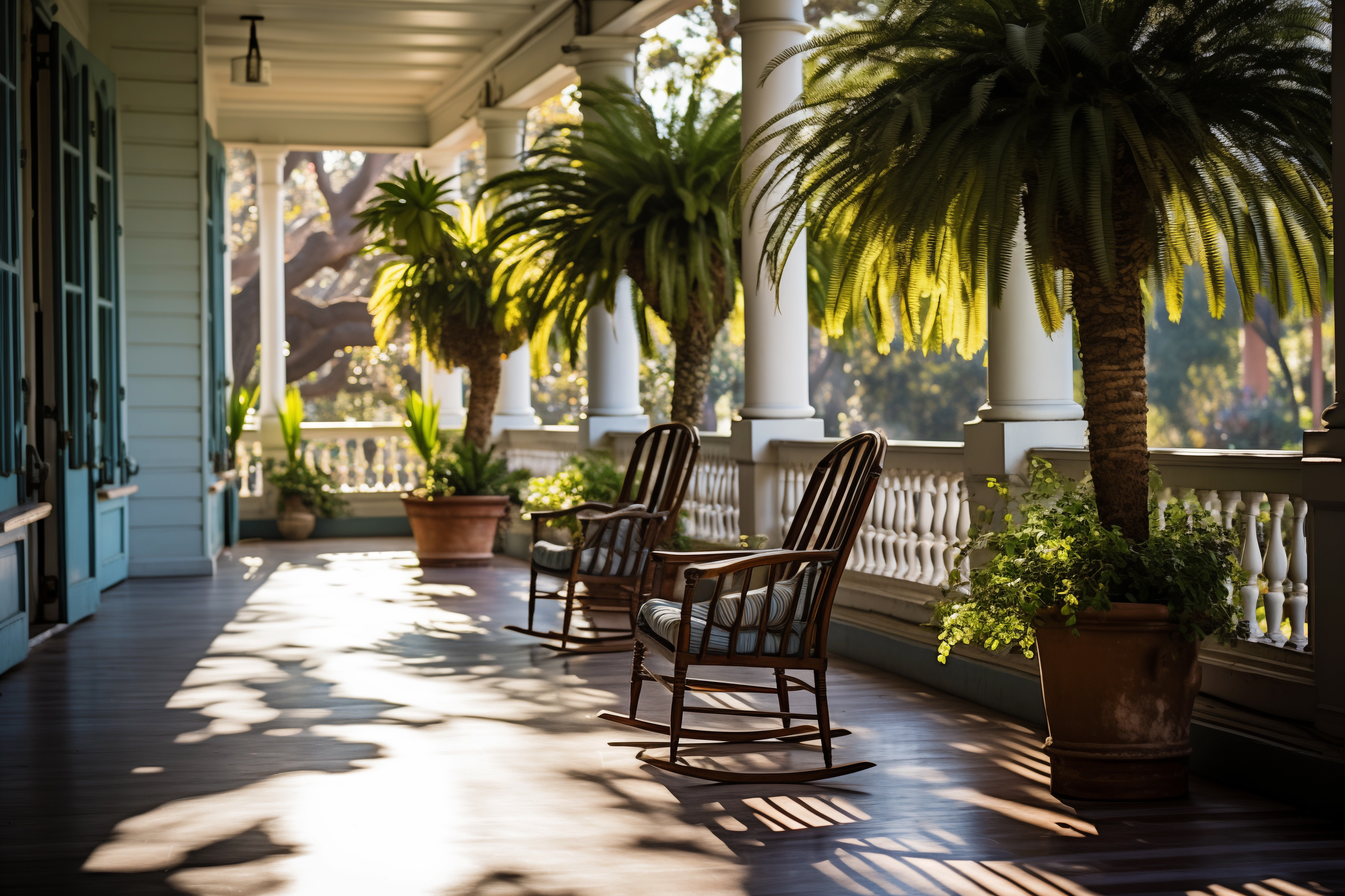 traditional southern house terrace on sunny day. charming manor